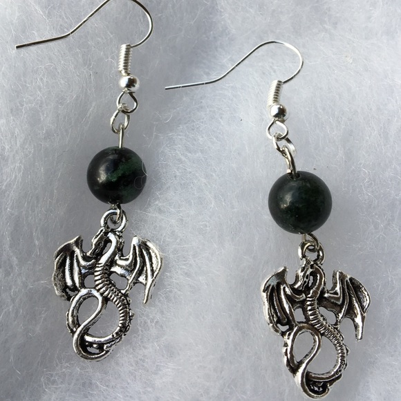 PeaceFrog Jewelry - SALE Green Ruby Zoisite Silver Dragon Earrings